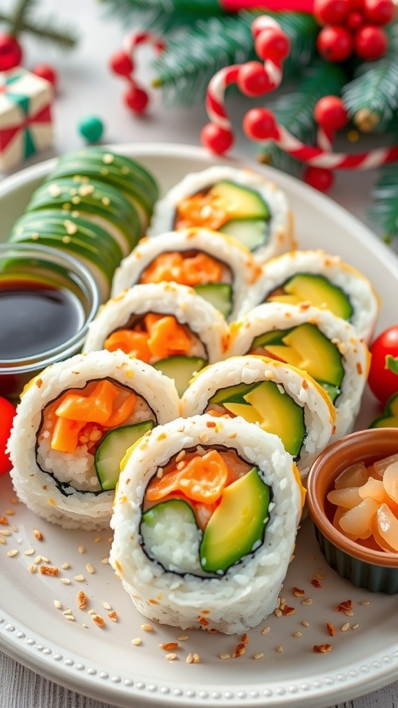 A festive platter of colorful maki rolls with avocado, crab, and cucumber, garnished with sesame seeds, served with soy sauce and pickled ginger.